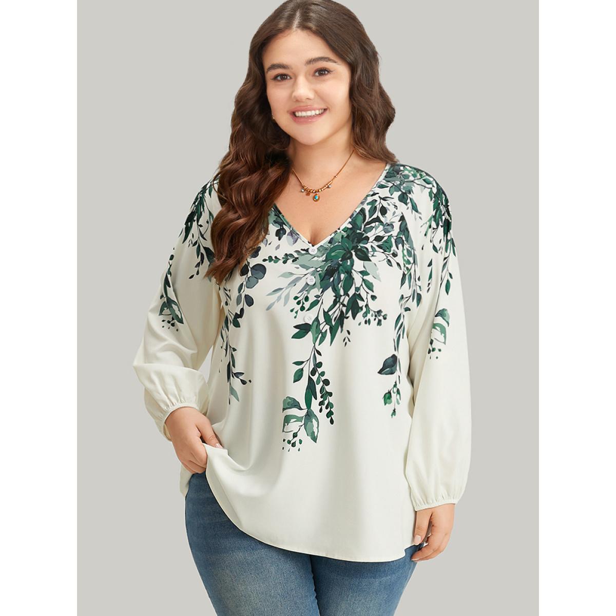 Plus Size Ivory Plants Print Lantern Sleeve Button Detail Blouse Women Vacation Long Sleeve V-neck Dailywear Blouses BloomChic 26/4X Product Image