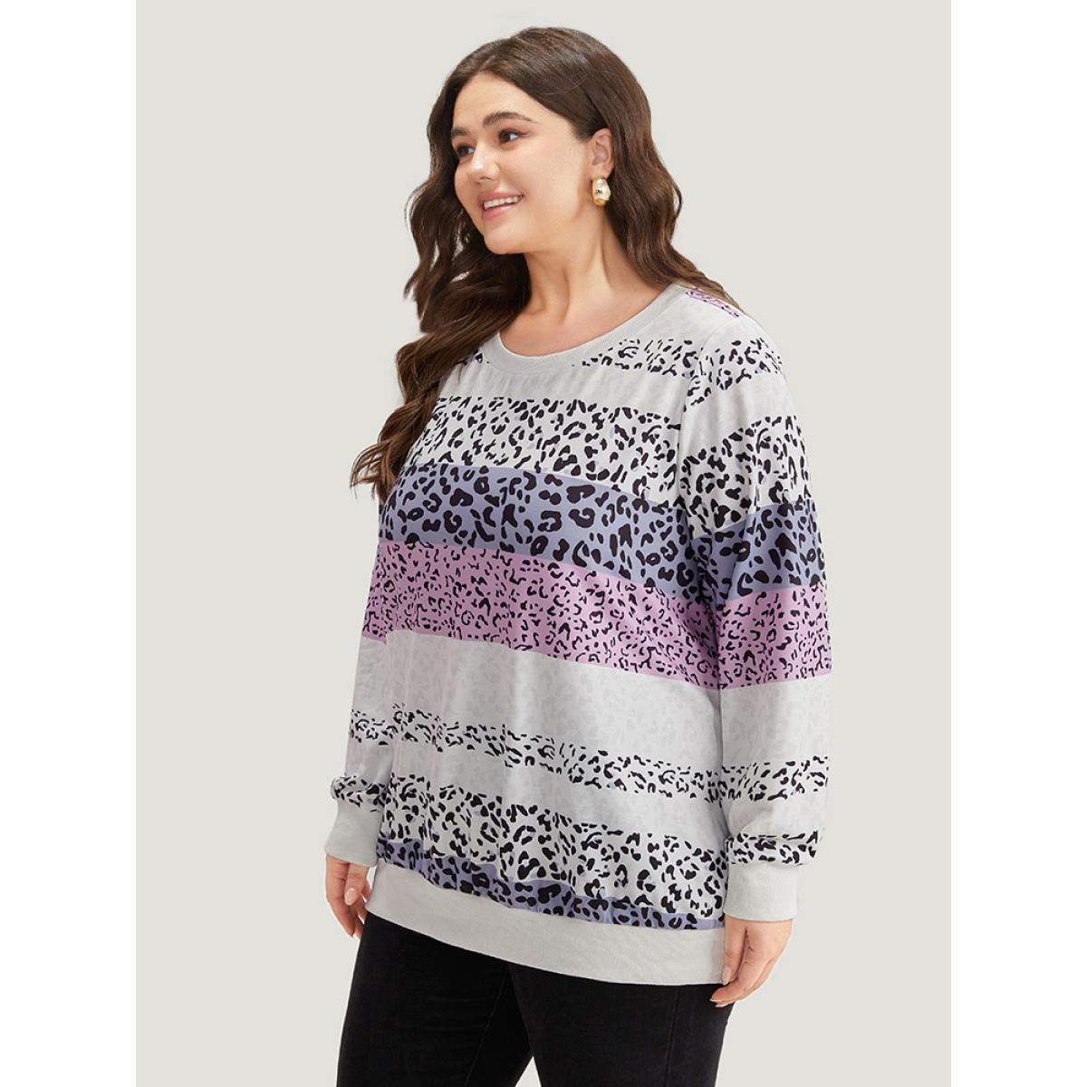 Plus Size Colour Leopard Print Crew Neck Sweatshirt Women Multicolor Casual Printed Round Neck Dailywear Sweatshirts BloomChic 26/4X Product Image