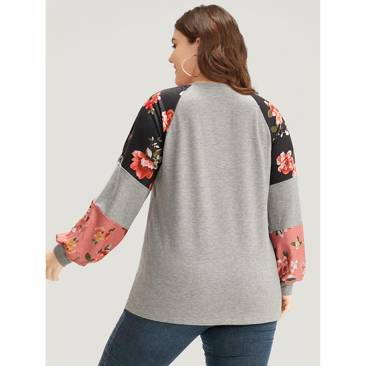 Plus Size Colorblock Contrast Floral Crew Neck Raglan Sleeve Sweatshirt Women Gray Casual Elastic cuffs Round Neck Dailywear Sweatshirts BloomChic 30/6X Product Image