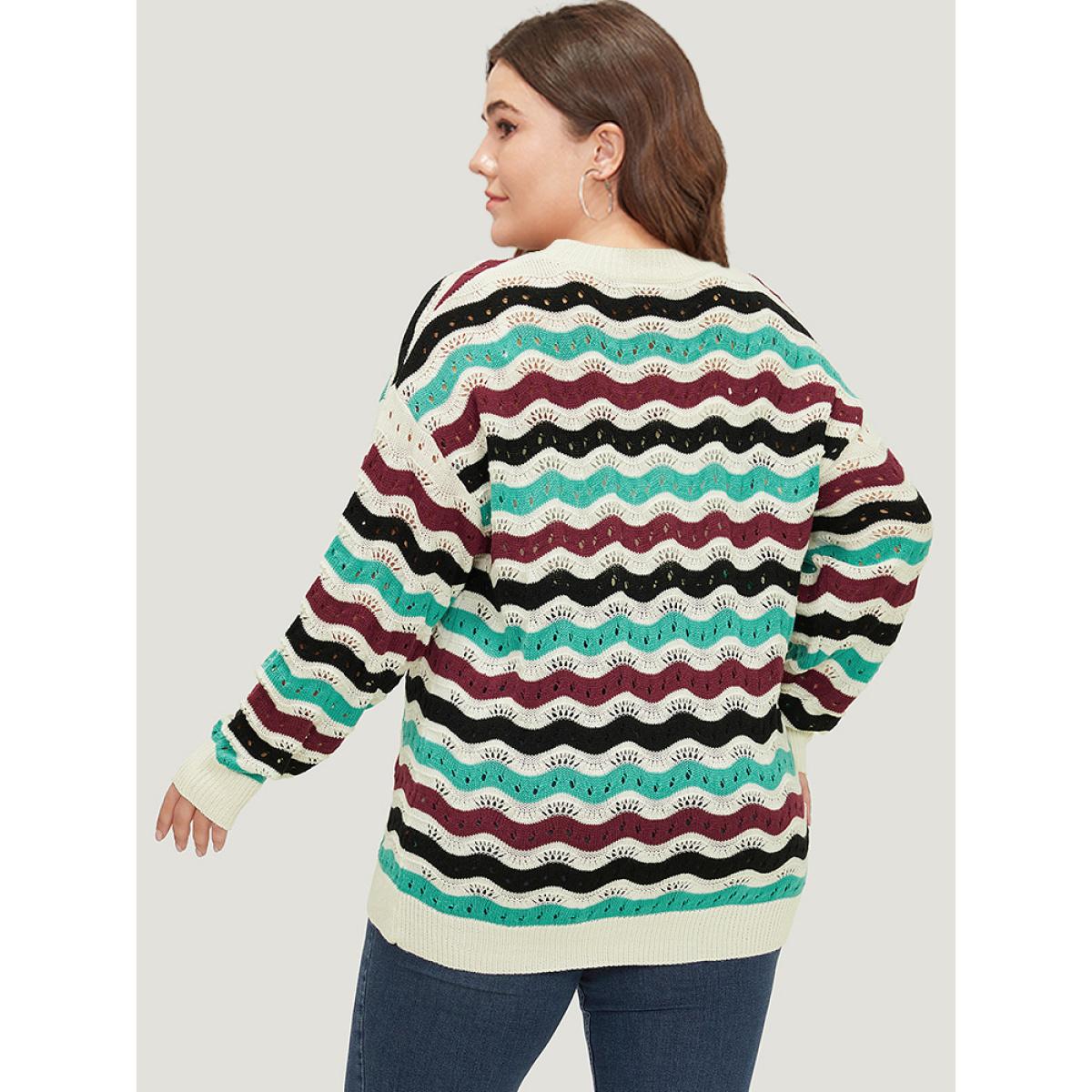 Plus Size Contrast Water Ripple Cut Out Elastic Cuffs Pullover Multicolor Women Casual Loose Long Sleeve Round Neck Dailywear Pullovers BloomChic 12/L Product Image