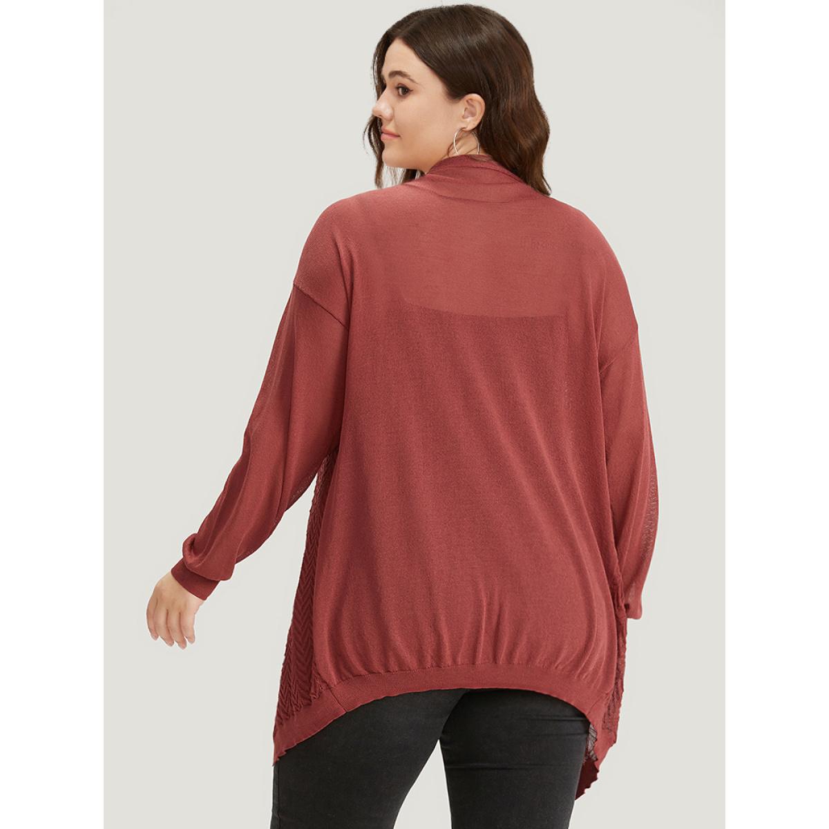 Plus Size Geometric Plisse Patchwork Loose Open Front Cardigan Russet Women Casual Loose Long Sleeve Everyday Cardigans BloomChic 30/6X Product Image