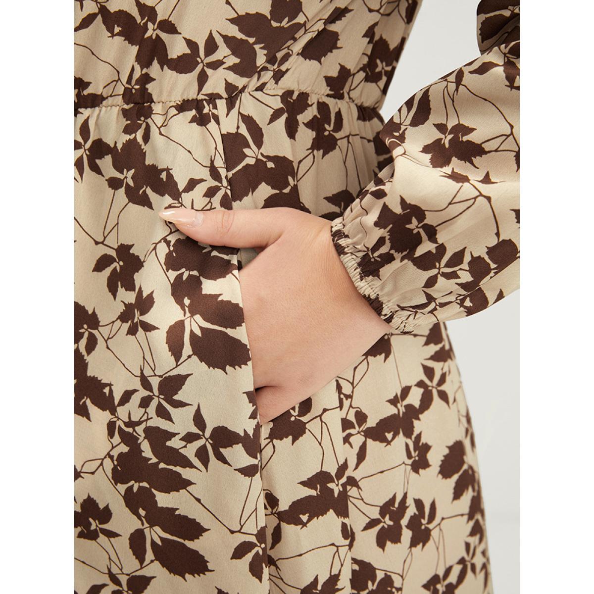 Plus Size Plant Print Pocket Lantern Sleeve Split Midi Dress Tan Women Elegant Pocket V-neck Long Sleeve Curvy Midi Dress BloomChic 14-16/1X Product Image