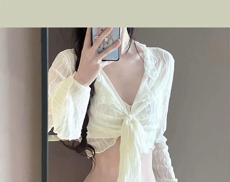 Set: Plain Shirred Bikini + Tie-Front Cover-Up + Skirt Product Image