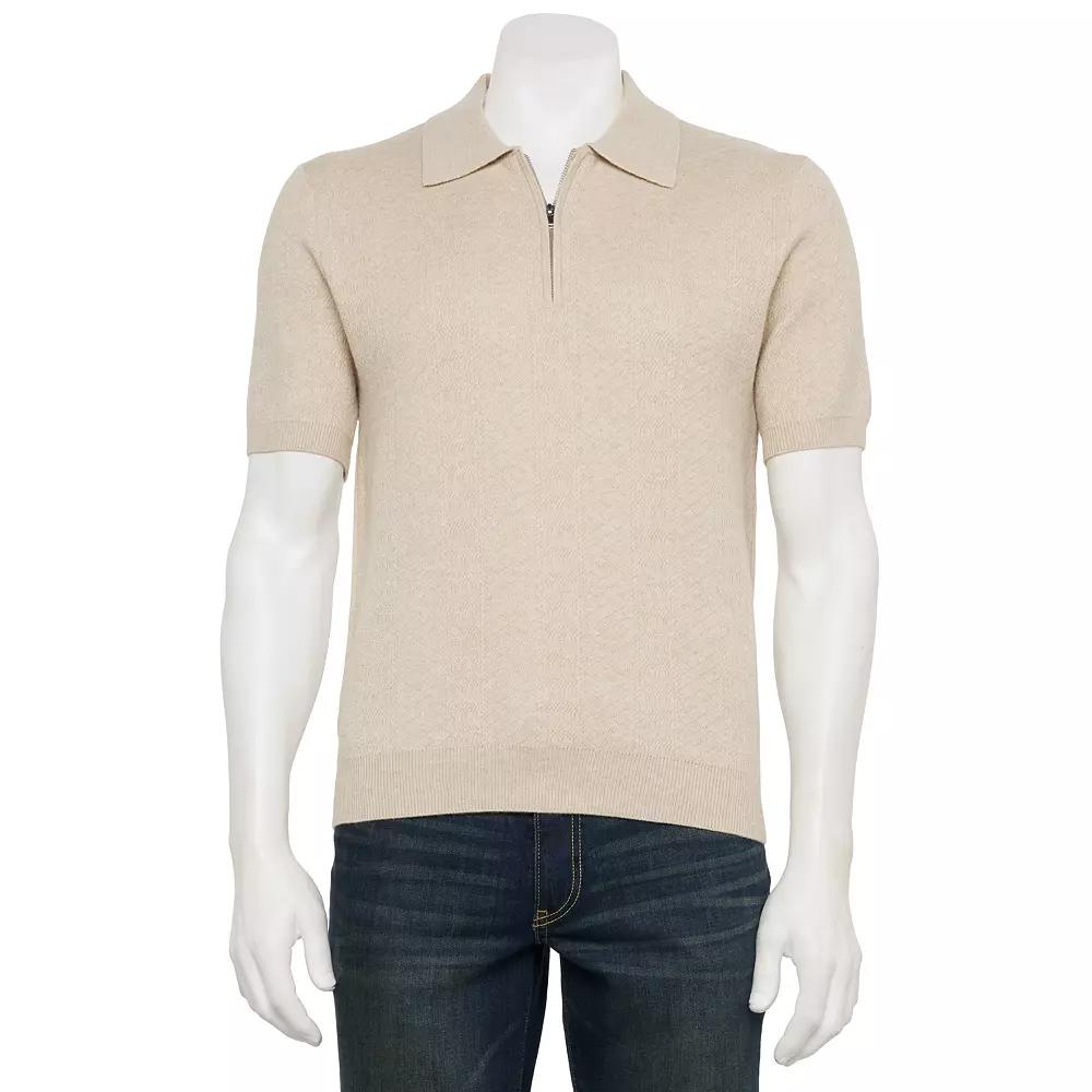 Men's For The Republic Short Sleeve Textured Zip Polo, Size: Small, Brown Product Image