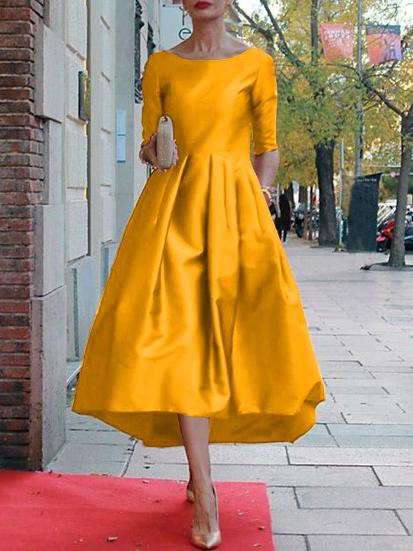 A-Line Loose Pleated Pockets Solid Color Split-Joint Round-Neck Midi Dresses Product Image