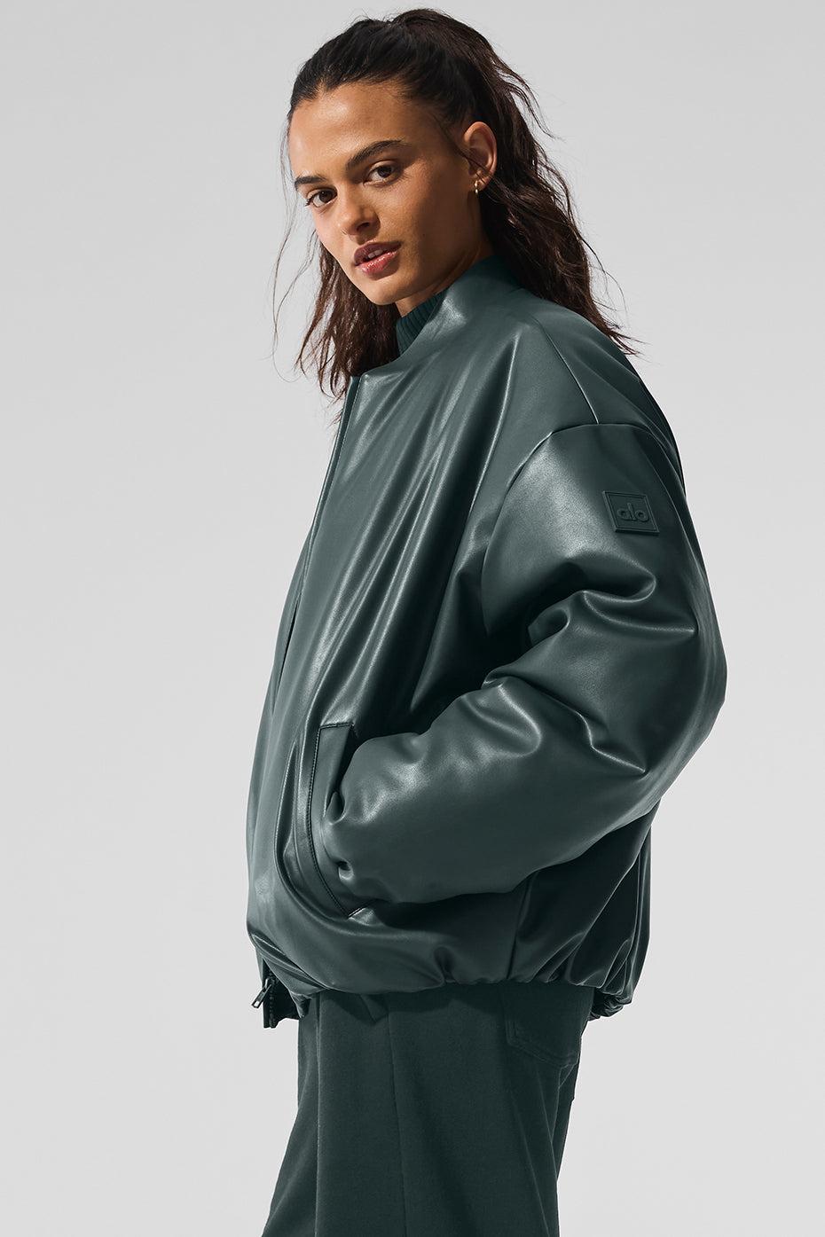 Faux Leather Premier Bomber - Charcoal Green Female Product Image