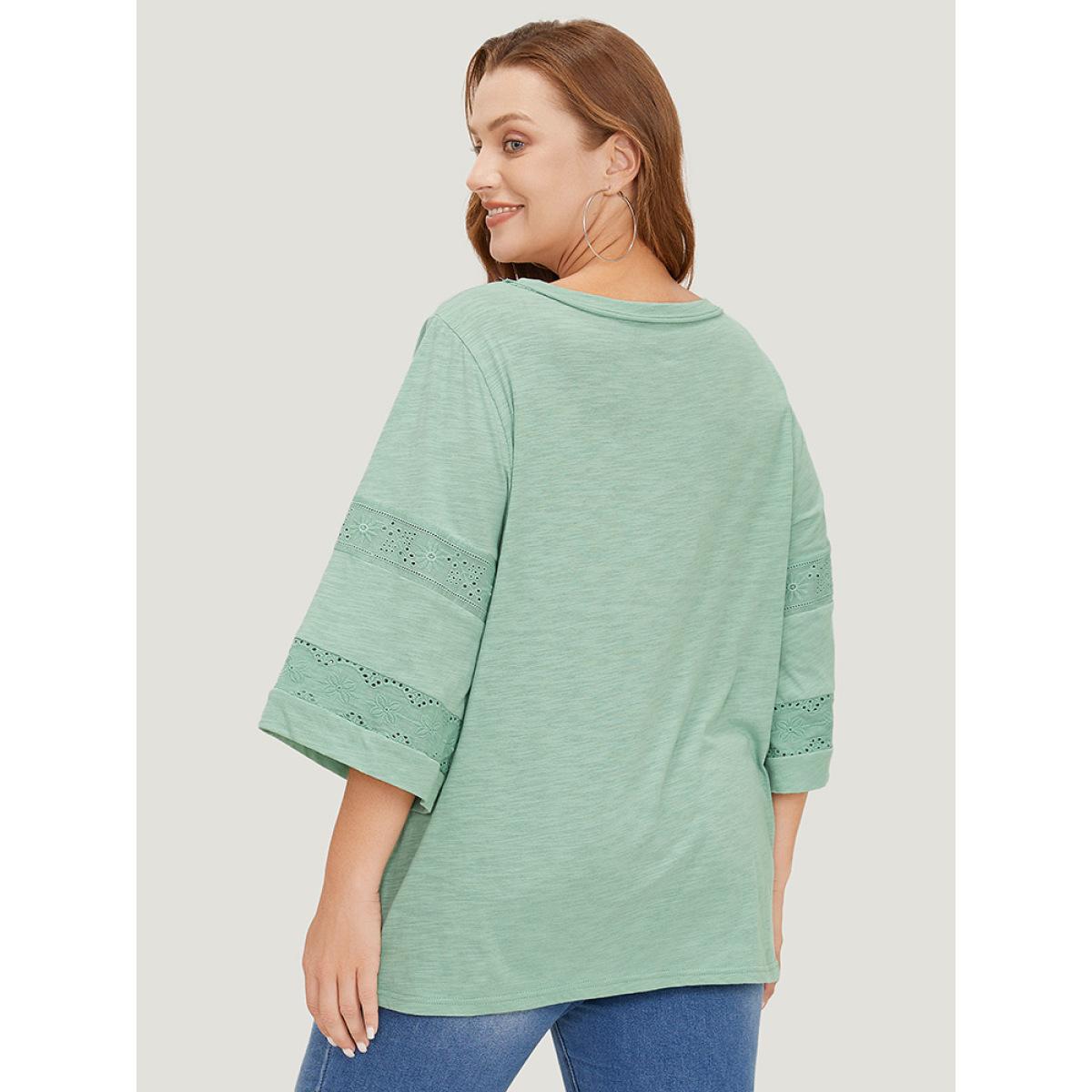 Plus Size Solid Broderie Anglaise Flounce Sleeve T-shirt Mint Women Elegant Broderie anglaise Plain V-neck Dailywear T-shirts BloomChic 12/L Product Image
