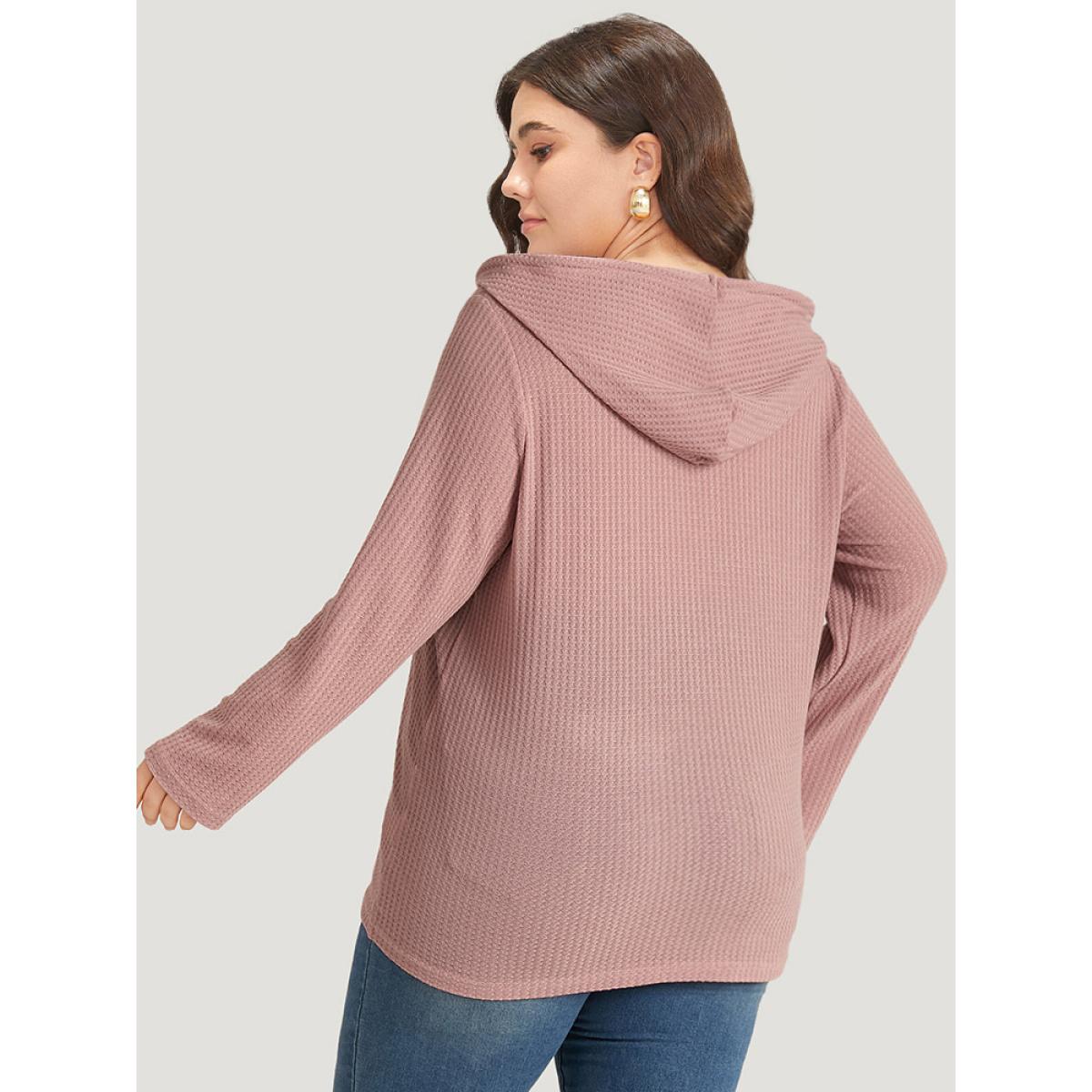 Plus Size Plain Waffle Knit Pocket Drawstring Hooded Sweatshirt Women Pink Casual Plain Hooded Dailywear Sweatshirts BloomChic 14-16/1X Product Image