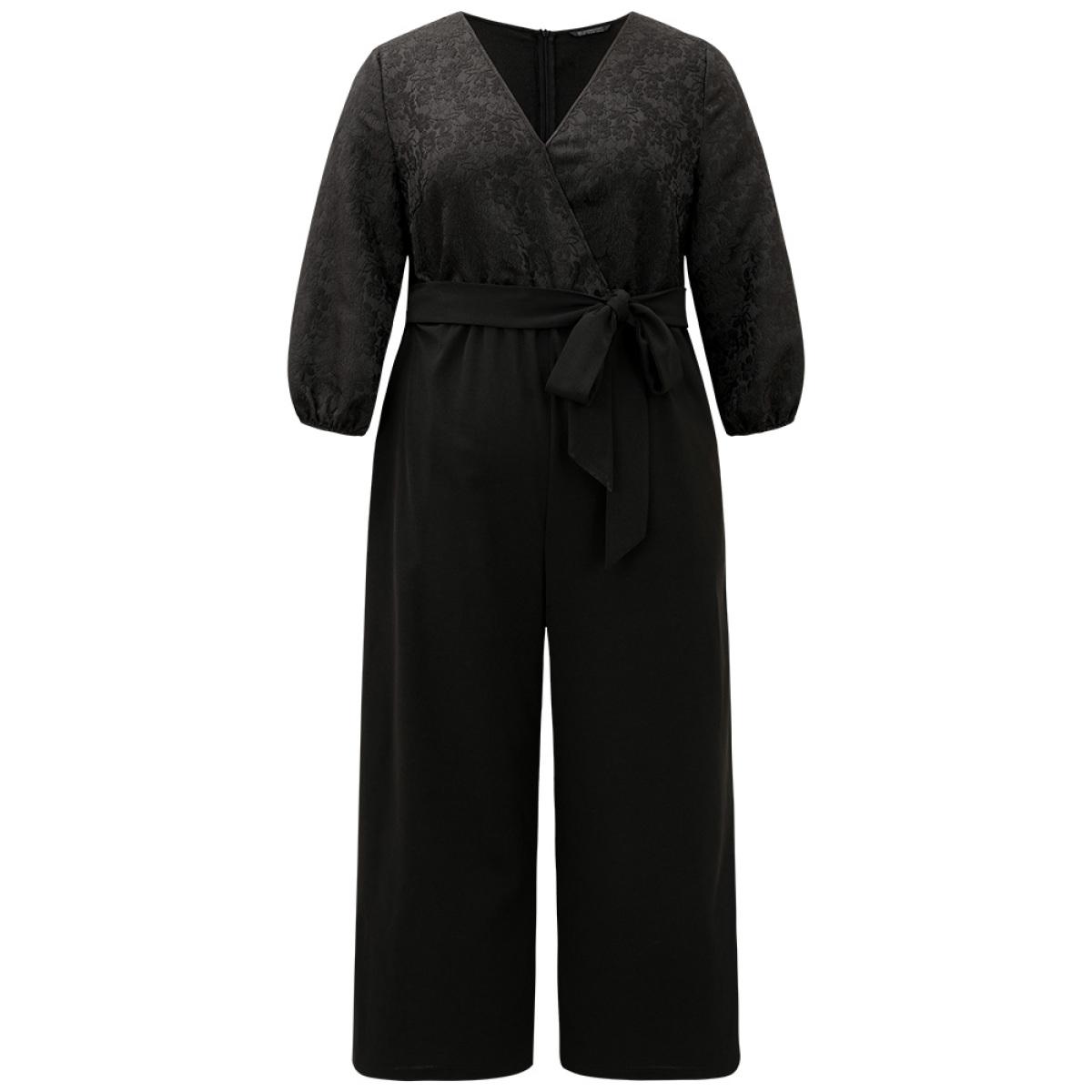 Plus Size Black Plain Textured Belted Wrap Jumpsuit Women Party Elbow-length sleeve Overlap Collar Going out Loose Jumpsuits BloomChic 30/6X Product Image