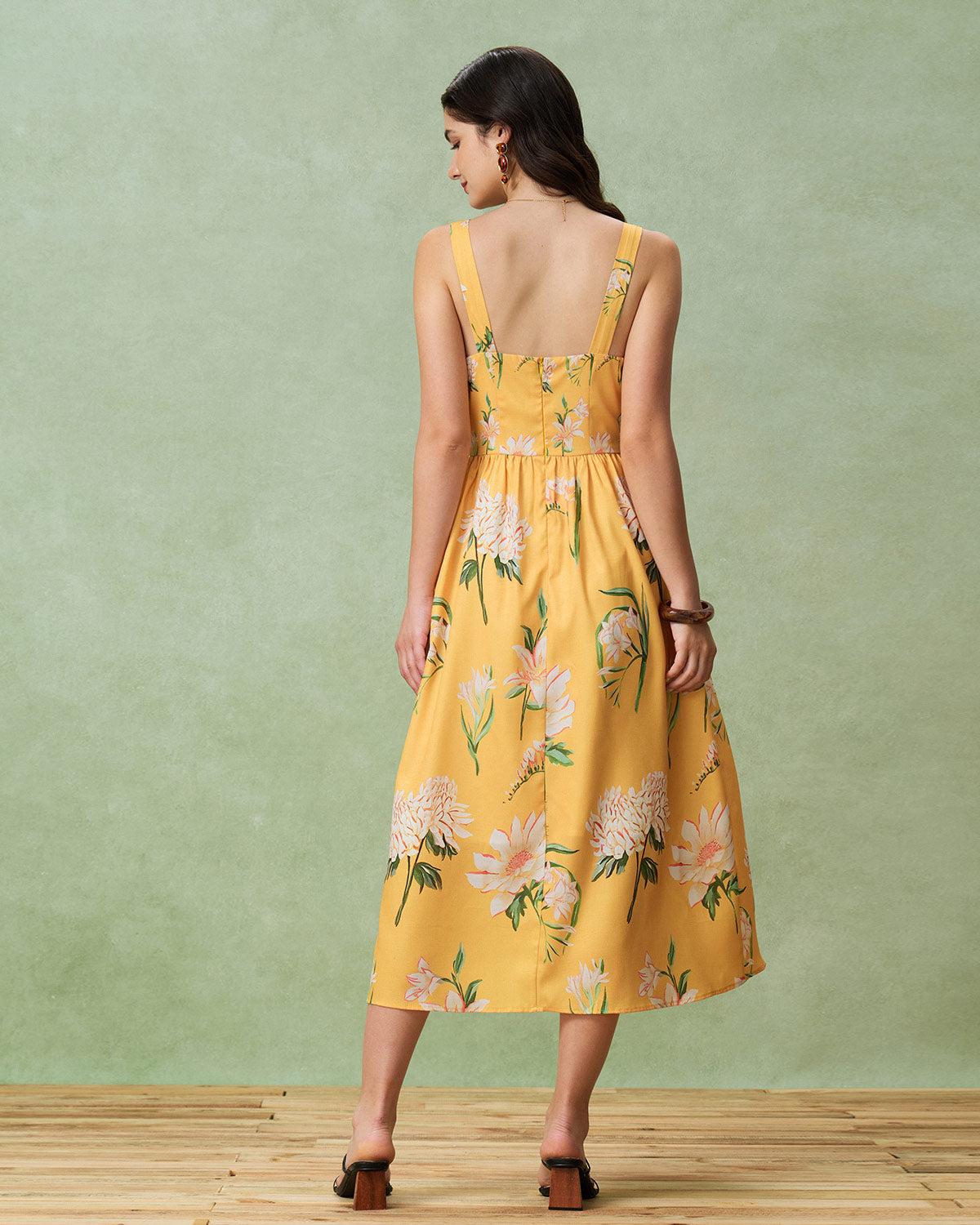 Yellow Floral A-Line Slip Midi Dress Product Image