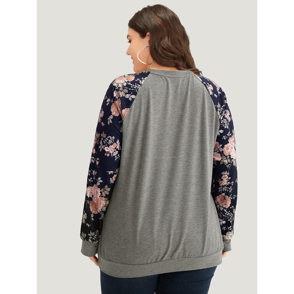 Plus Size Floral Patchwork Raglan Sleeve Sweatshirt Women Gray Elegant Contrast Round Neck Everyday Sweatshirts BloomChic 28/5X Product Image