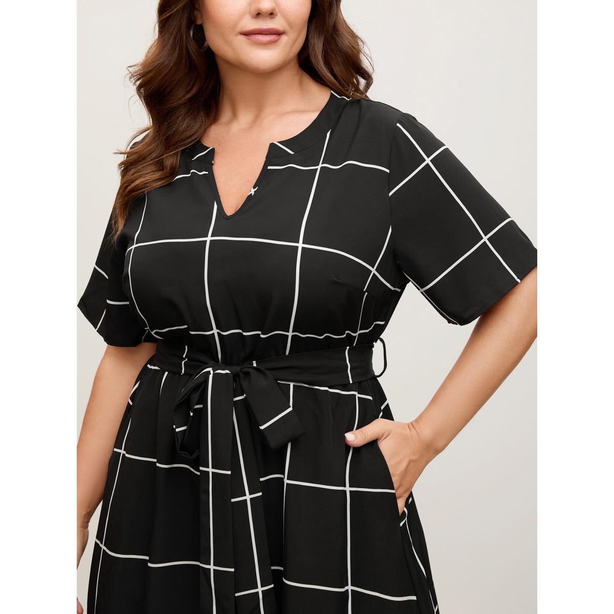 Plus Size Checkered Print Belted Pockets Midi Dress Black Women Office Belted Flat collar with V-notch Short sleeve Curvy BloomChic 14-16/1X Product Image