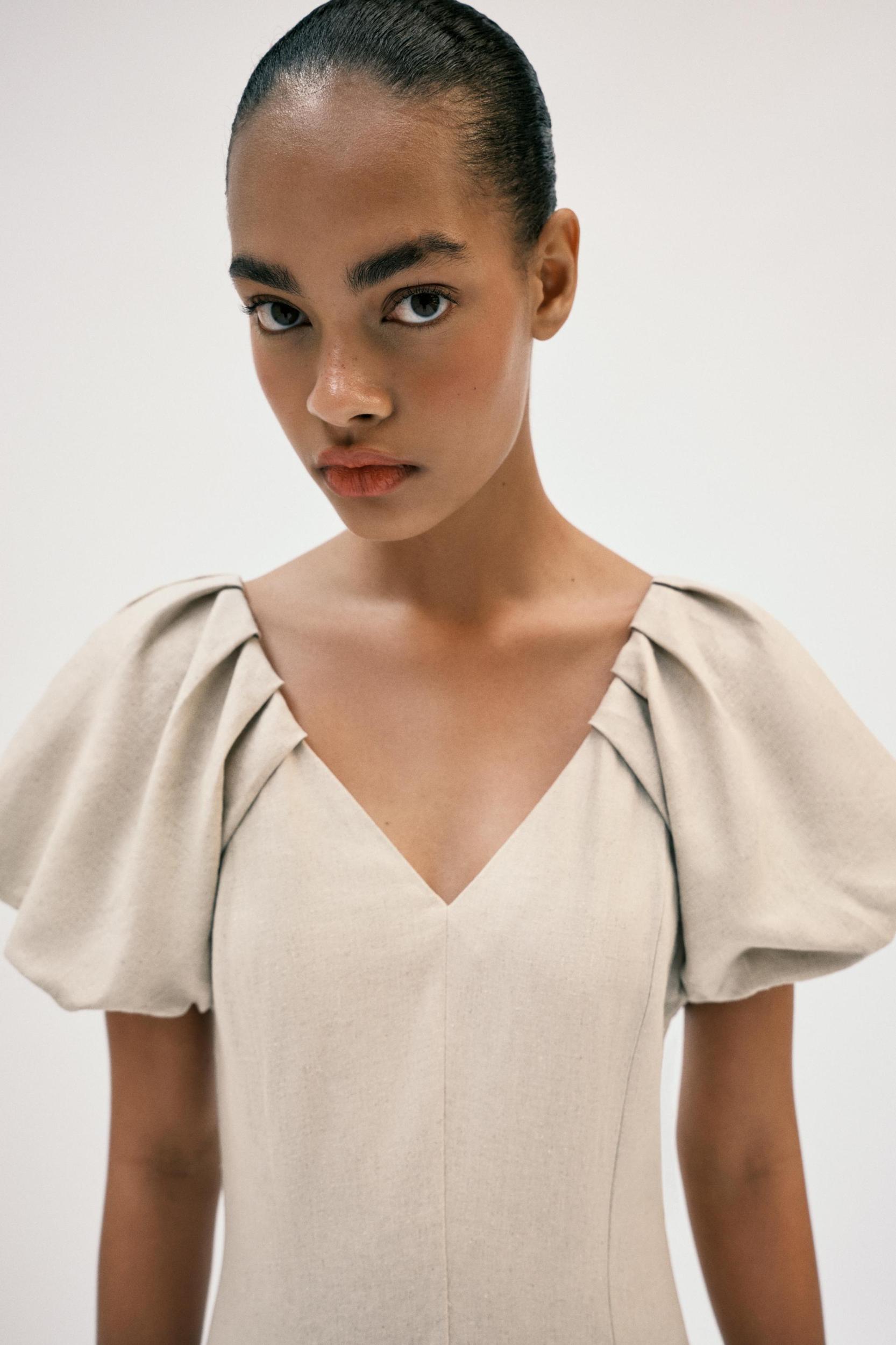 LINEN BLEND PUFF SLEEVE MIDI DRESS Product Image