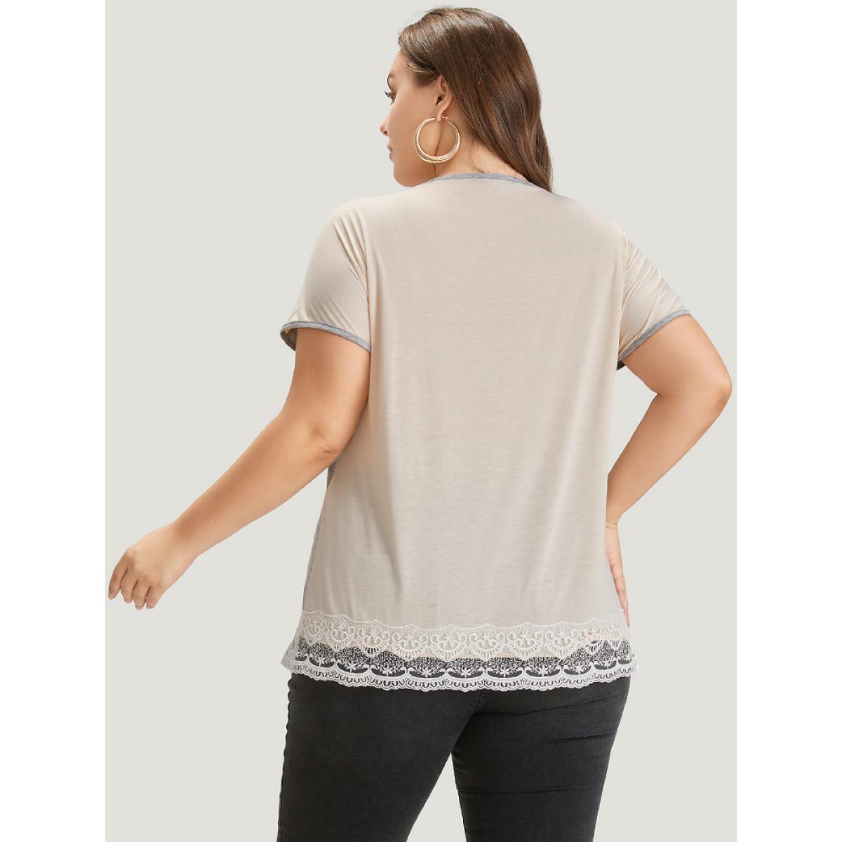 Plus Size Lace Panel Contrast Batwing Sleeve T-shirt Gray Women Elegant Contrast Plain Round Neck Dailywear T-shirts BloomChic 18-20/2X Product Image