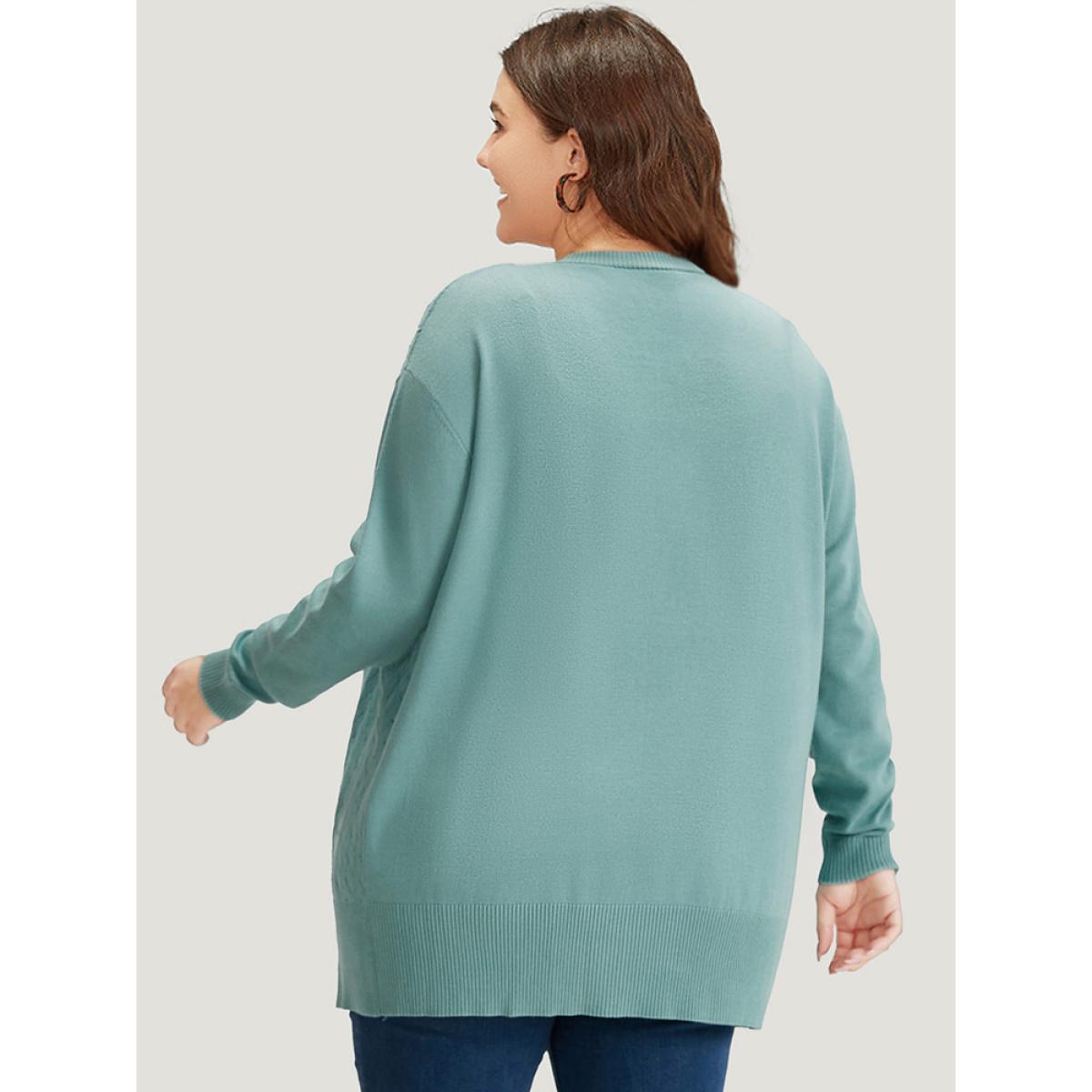 Plus Size Supersoft Essentials Geometric Eyelet Open Front Cardigan Emerald Women Casual Loose Long Sleeve Dailywear Cardigans BloomChic 30/6X Product Image