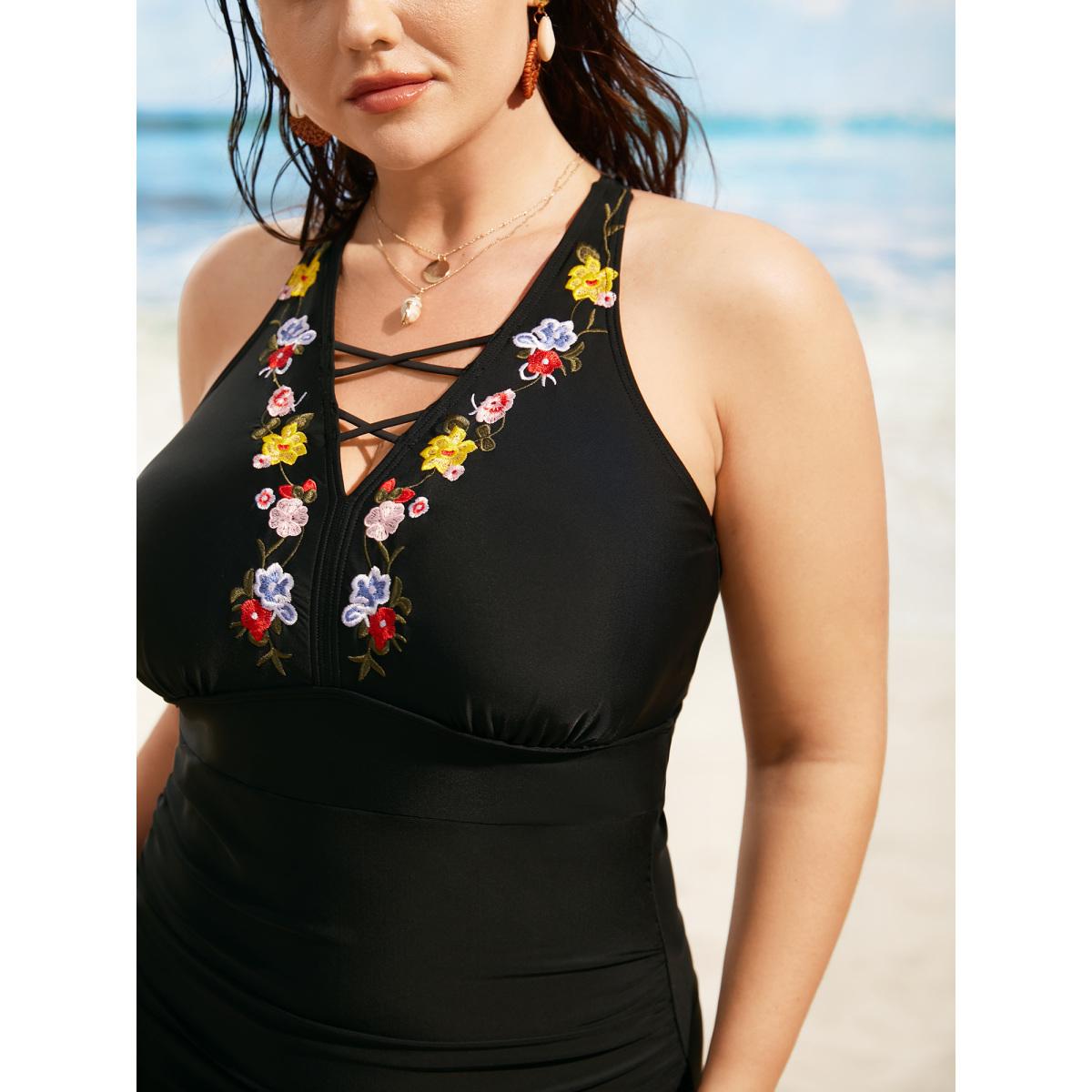 Plus Size Floral Embroidered Ruched Crisscross One Piece Swimsuit Women's Swimwear Black Beach Gathered Curve Bathing Suits High stretch One Pieces BloomChic 14-16/1X Product Image