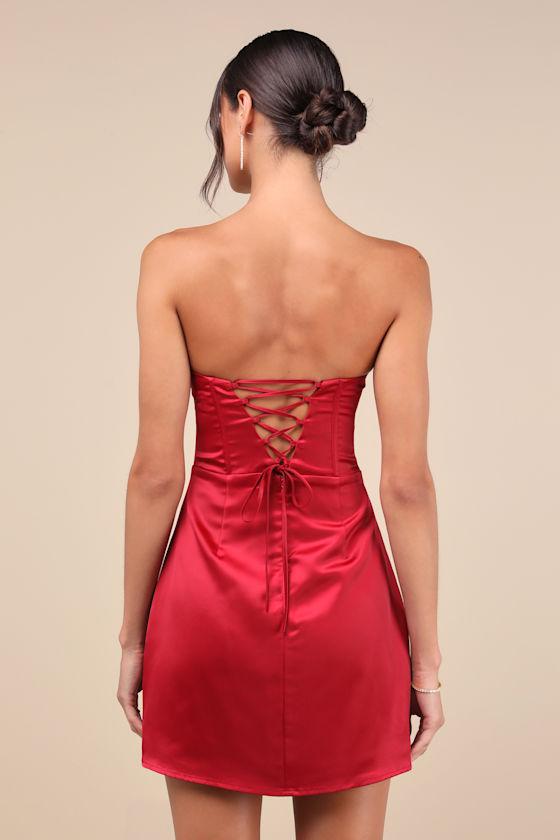 Sexy Perfection Wine Red Satin Strapless Bustier Mini Dress Product Image