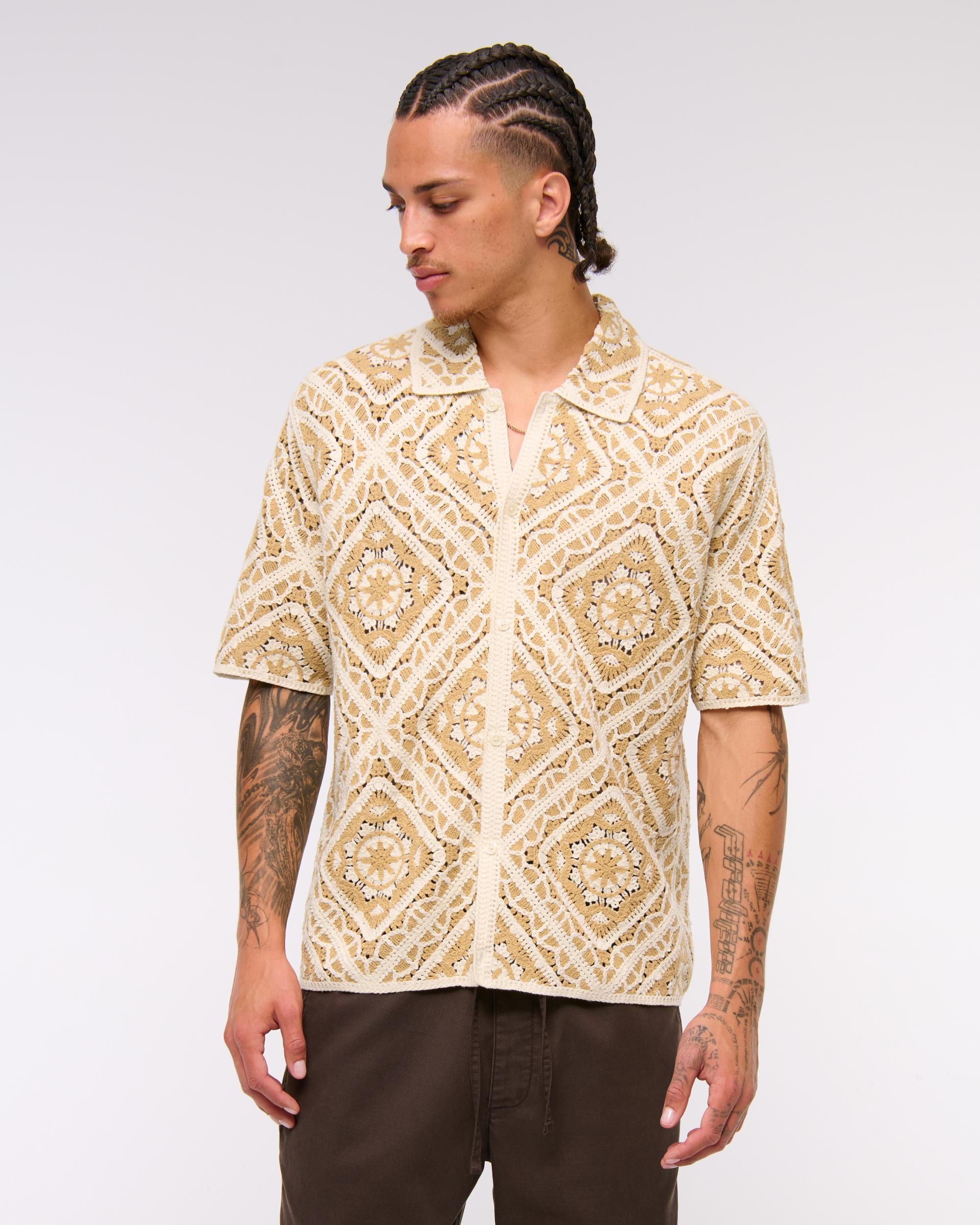 Crochet-Style Border Stripe Button-Through Sweater Polo Product Image