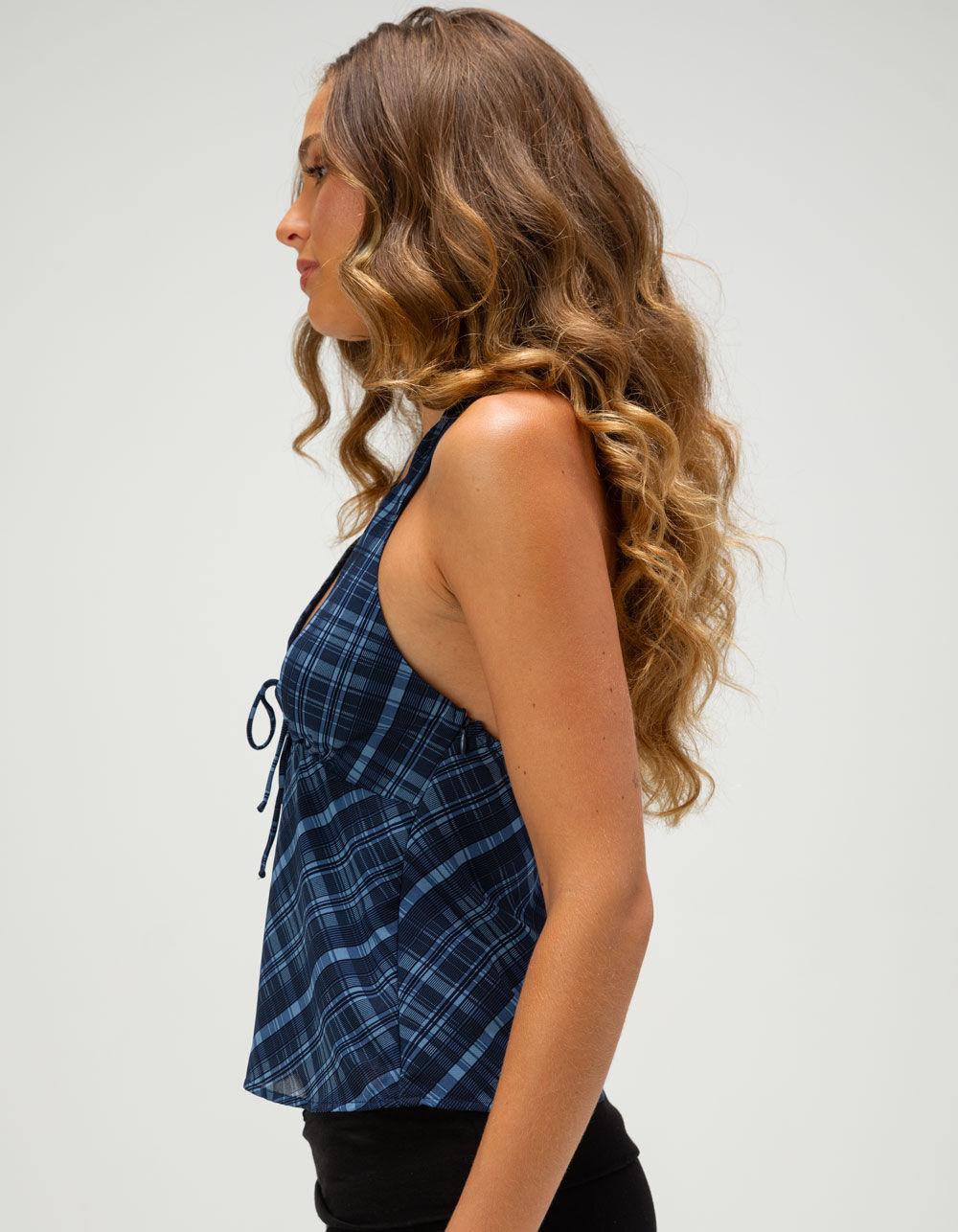 FULL TILT Plaid Womens Halter Top - NAVY Product Image