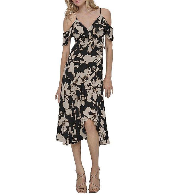 DKNY by Donna Karan Crepe Floral Print V Neck Sleeveless Ruffle Sheath Midi Dress Product Image