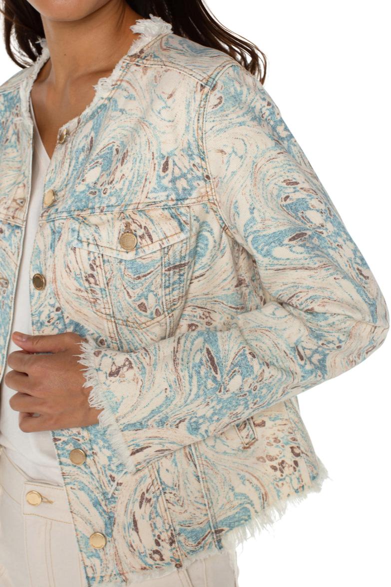 Printed Crop Jacket w/ Fray Hem- Ocean Blue Ecru Marble Product Image