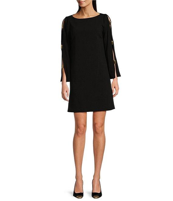 Donna Karan Boat Neck Long Open Sleeve Cady Crepe Sheath Dress Product Image