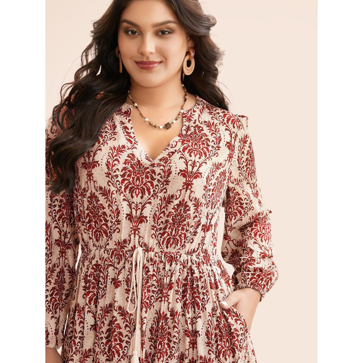 Plus Size Boho Print Notched Tie Knot Maxi Dress Rust Women Resort Tie knot Flat collar with V-notch Long Sleeve Curvy BloomChic 14-16/1X Product Image