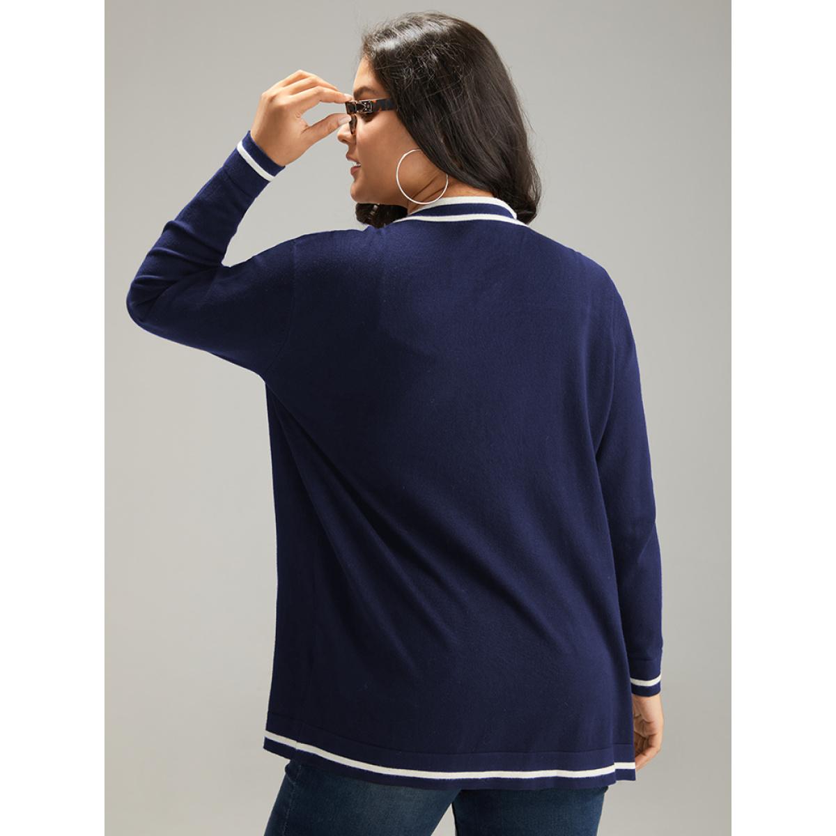 Plus Size Supersoft Essentials Striped Patchwork Pocket Open Front Cardigan Indigo Women Casual Loose Long Sleeve Everyday Cardigans BloomChic 14-16/1X Product Image