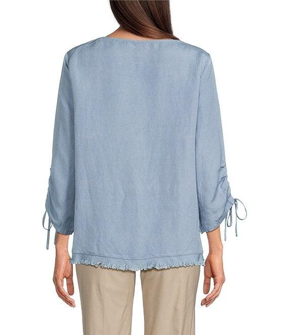 Ali Miles Linen Blend Solid Round Neck 3/4 Cinched Tie Sleeve Tunic Product Image