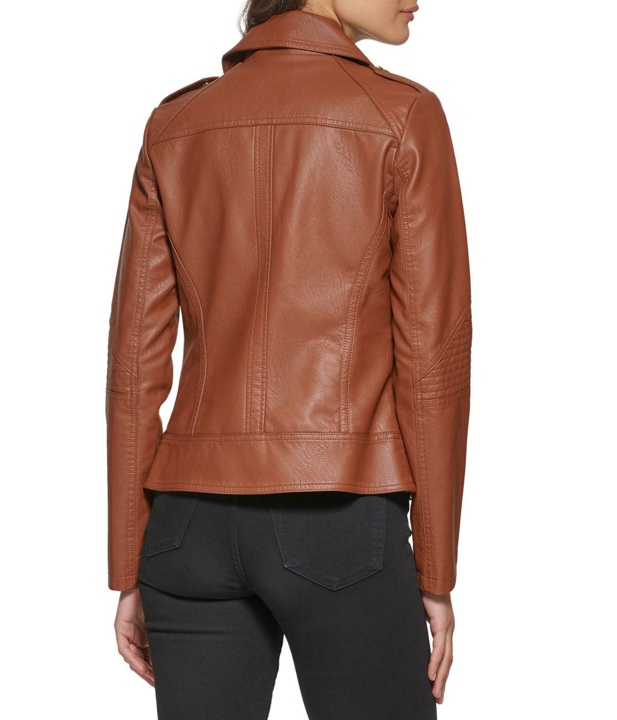 Faux Leather Asymmetrical Moto Jacket Cognac Product Image
