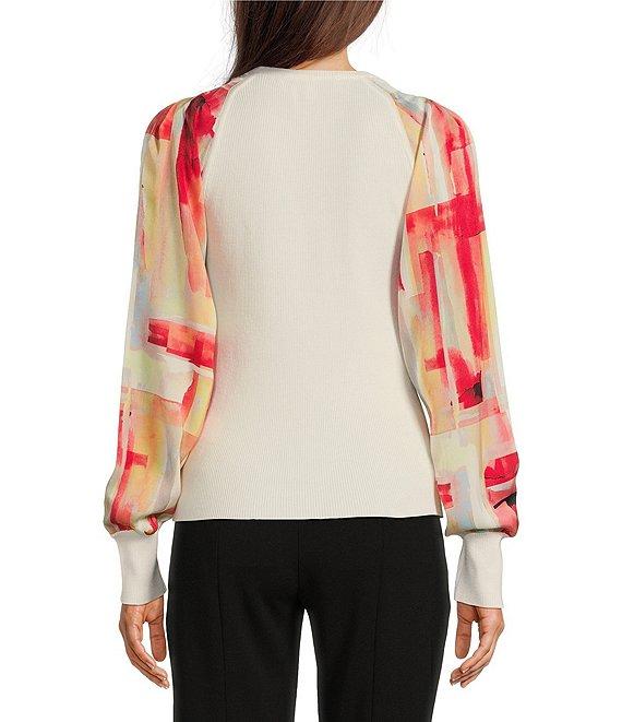 DKNY By Donna Karan Printed Mixed Media V-Neck Long Sleeve Knit Top Product Image