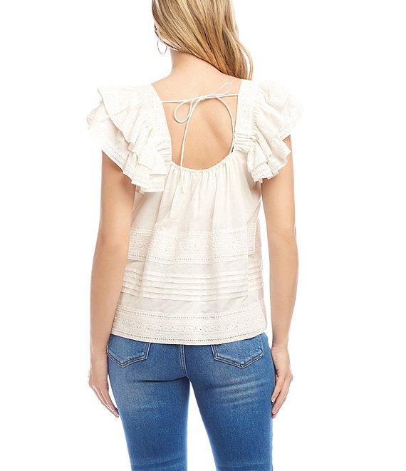 Karen Kane Embroidered Square Neck Short Ruffle Sleeve Blouse Product Image