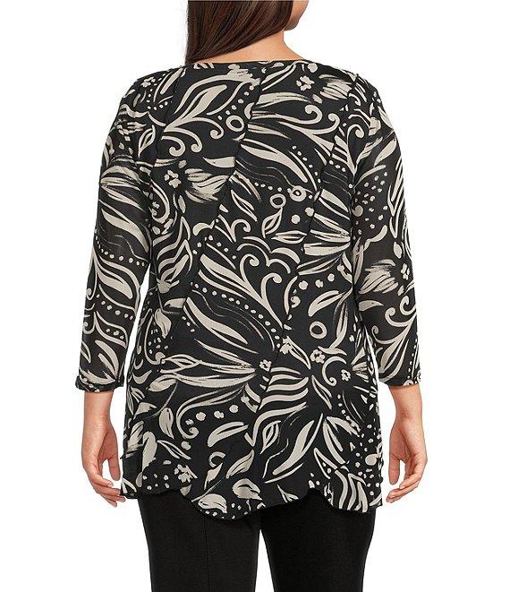 Slim Factor by Investments Plus Size Kiki Paisley Print Crew Neck Long Sleeve Ruffled Hem Lined Top Product Image