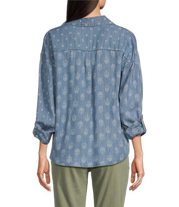 Tru Luxe Jeans Printed Chambray Point Collar Long Sleeve Twist Front Shirt Product Image