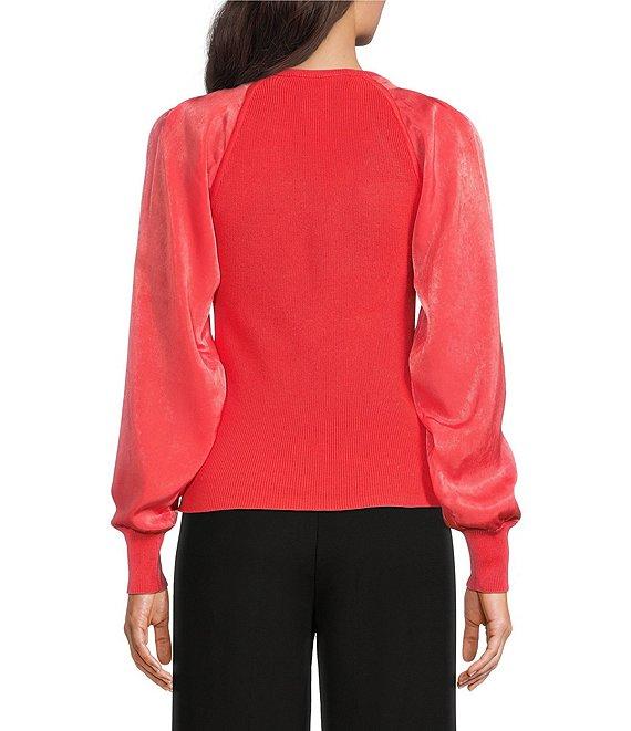 DKNY by Donna Karan Mixed Media Knit V-Neck Long Sleeve Sweater Product Image