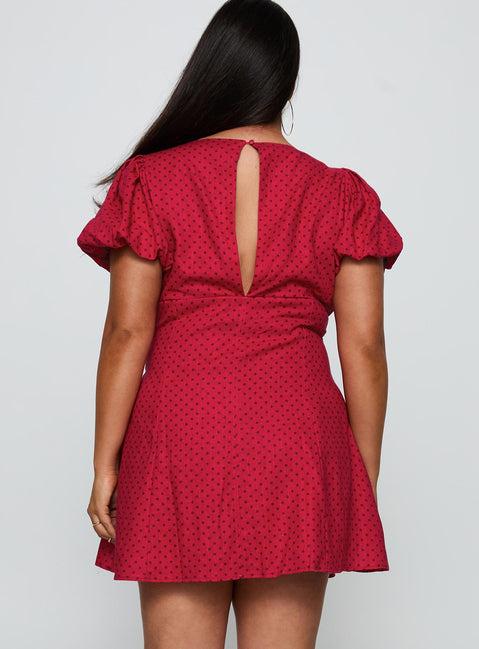 Beloved Puff Sleeve Linen Blend Mini Dress Red Polka Curve Product Image
