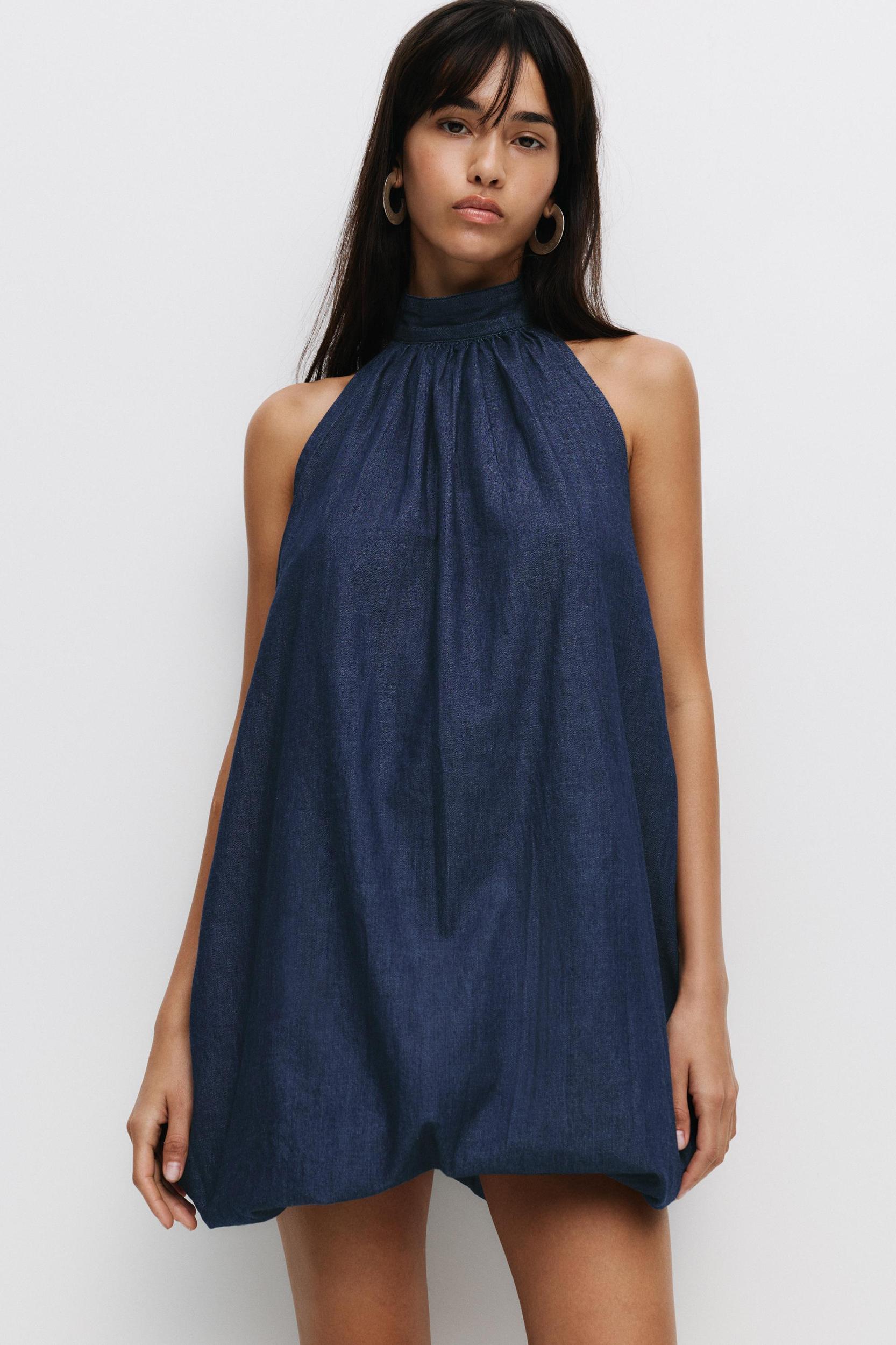 Short balloon denim dress Product Image