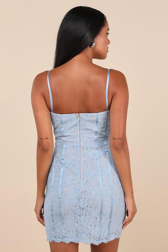Enchanting Silhouette Slate Blue Lace Bustier Mini Dress Product Image
