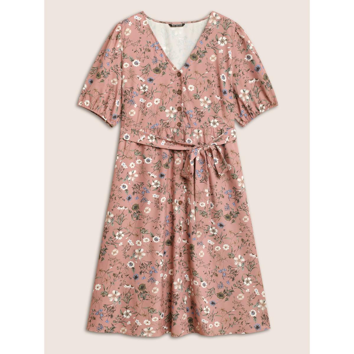 Plus Size Ditsy Floral Belted Lantern Sleeve Button Up Dress DustyPink Women Elegant Non V-neck Short sleeve Curvy Midi Dress BloomChic 22-24/3X Product Image