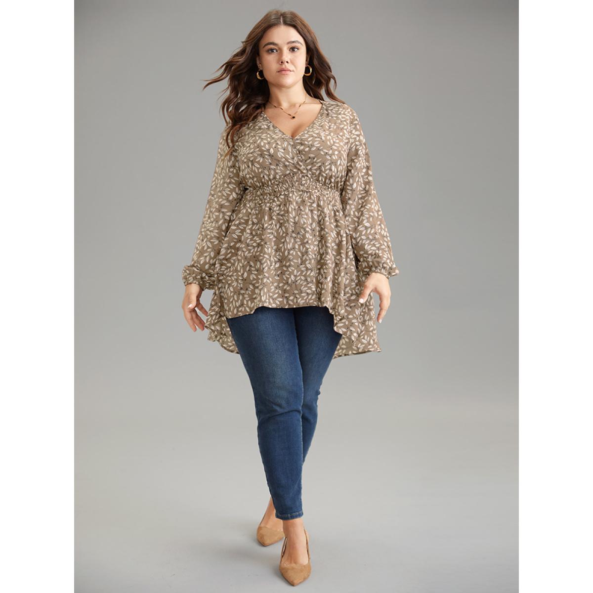 Plus Size Apricot Ditsy Floral Shirred Elastic Waist High Low Hem Blouse Women Elegant Long Sleeve V-neck Everyday Blouses BloomChic 22-24/3X Product Image