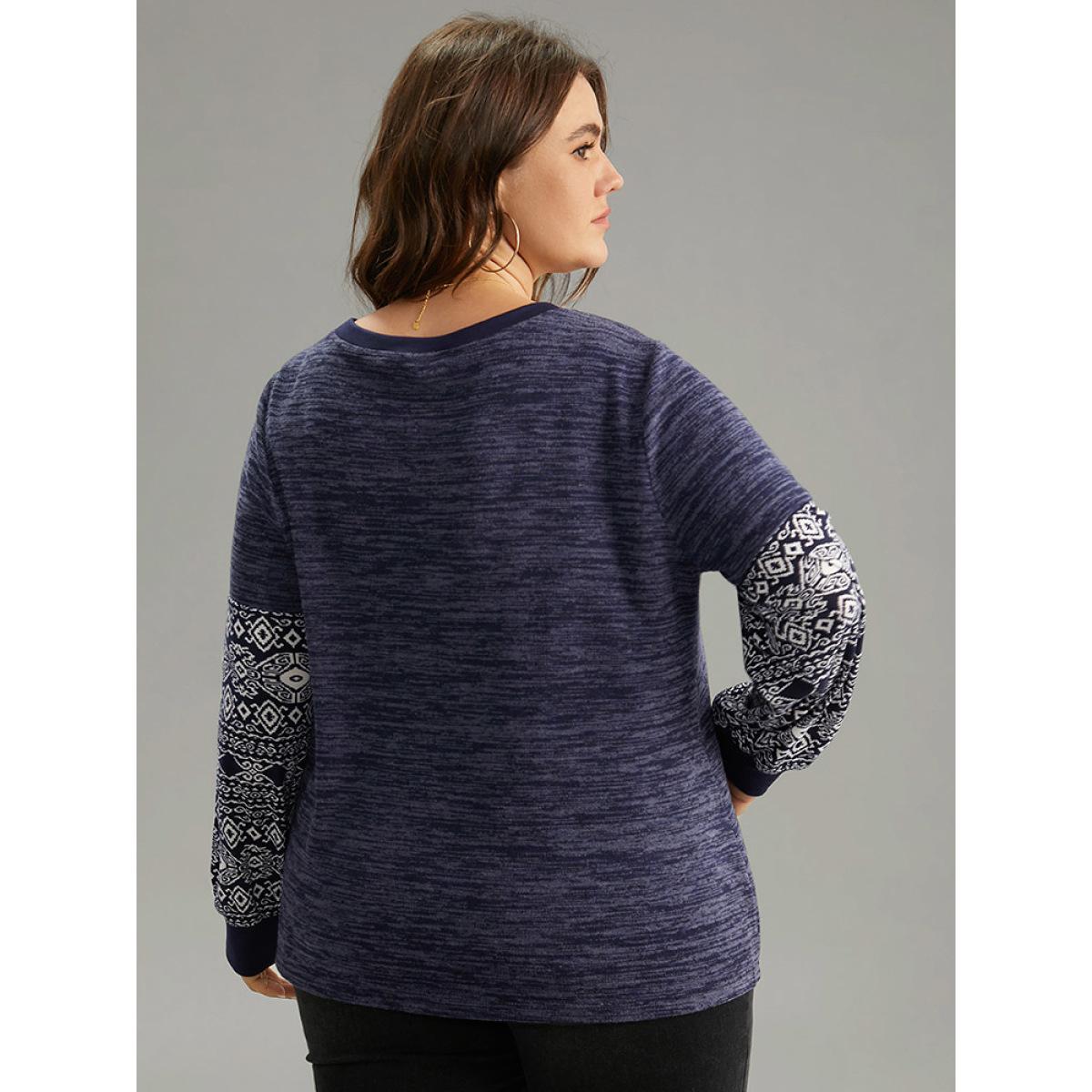 Plus Size Boho Print Patchwork Heather Rib Knit Sweatshirt Women Navy Casual Non Round Neck Everyday Sweatshirts BloomChic 12/L Product Image