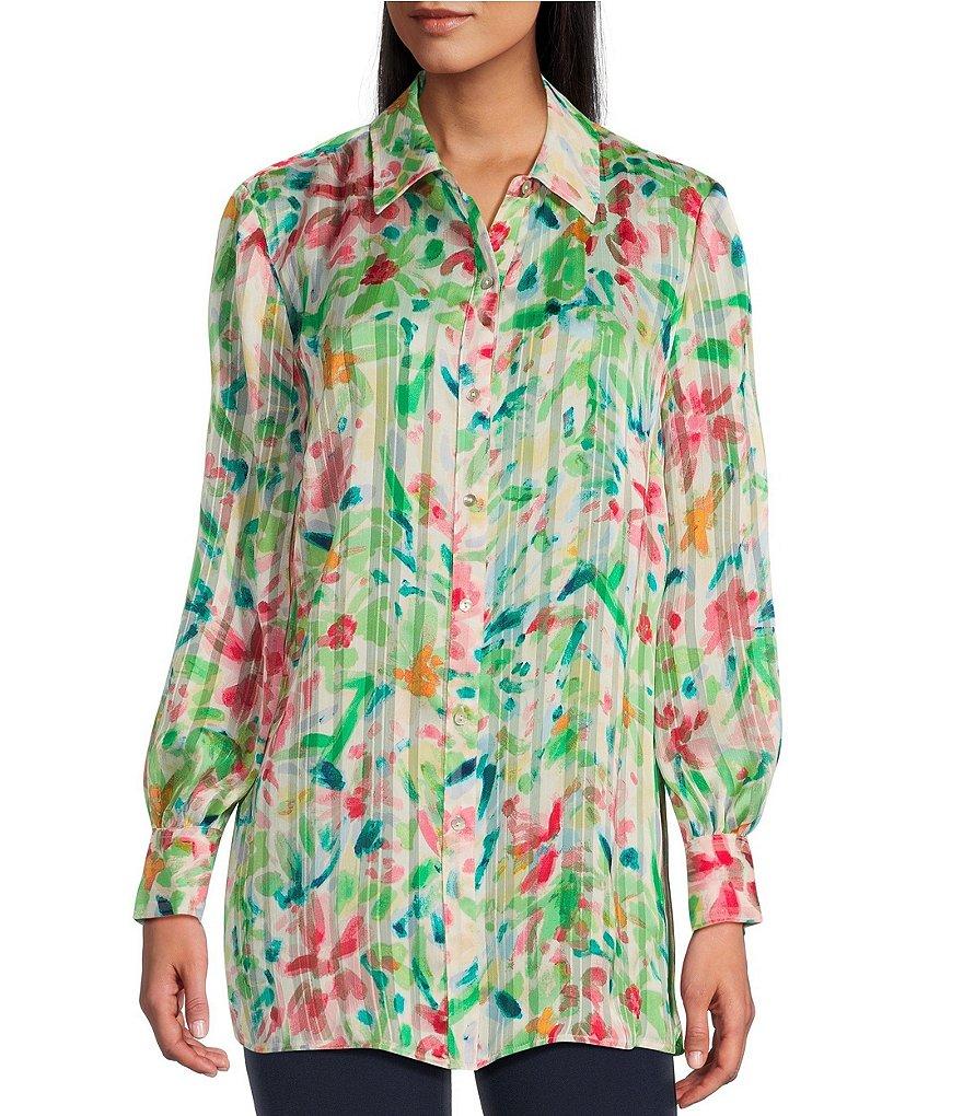 Investments Woven Multi Airbrush Floral Long Sleeve Point Collar Button Front Top Product Image
