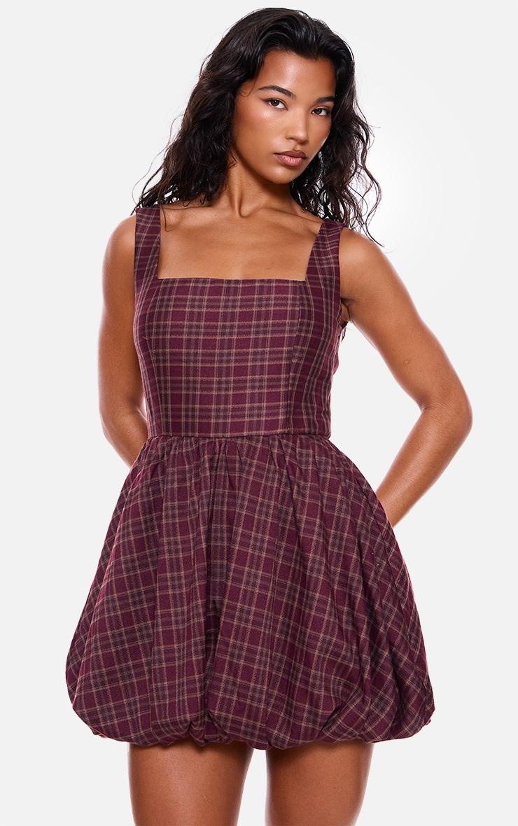 Burgundy Check Puffball Dress Product Image