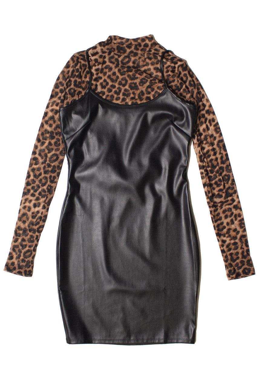 Pleather Mini Dress With Leopard Print Mesh Long Sleeve Tee Product Image
