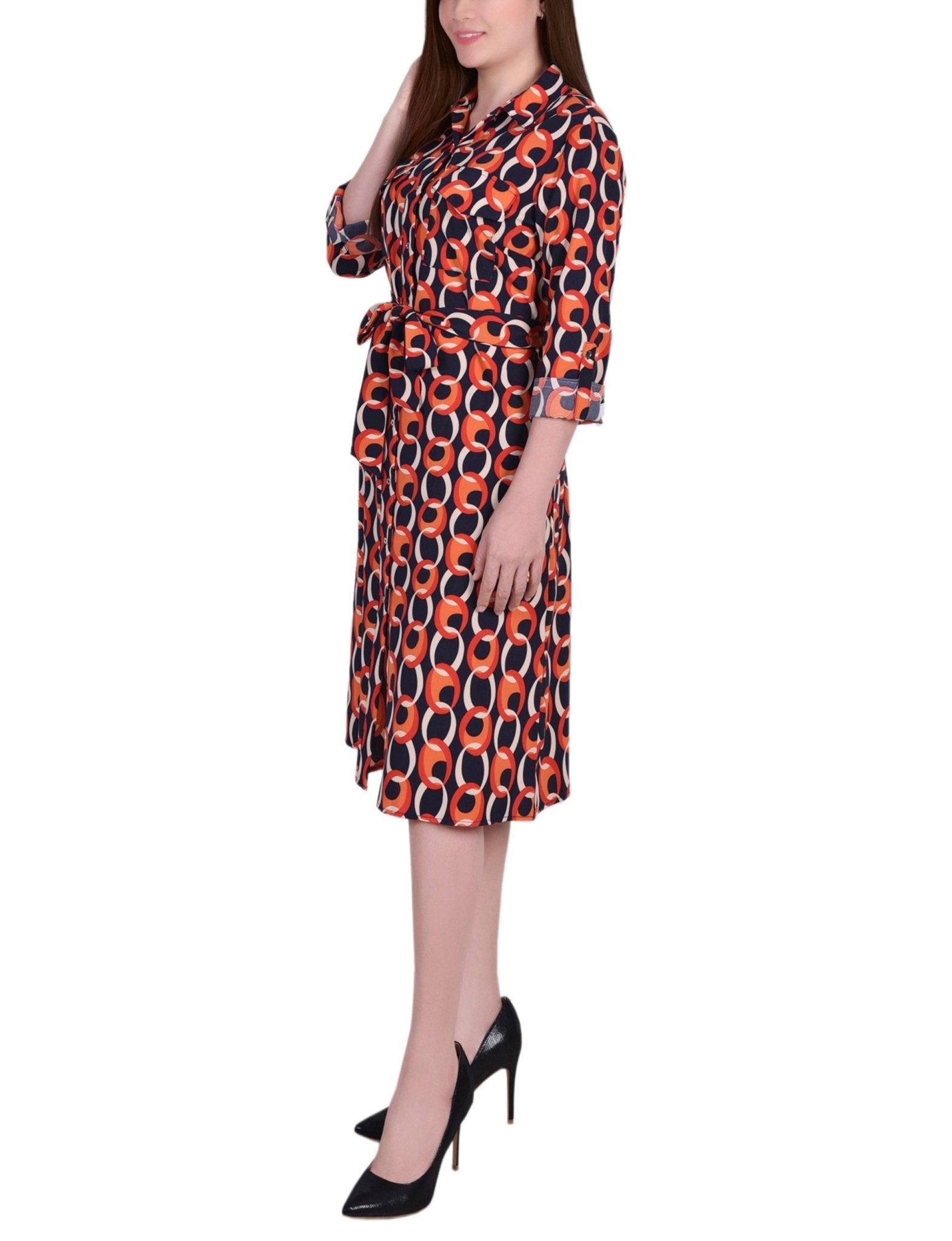 Cypress Inca Gold Navy Zigzag 3/4 Roll Tab Sleeve Belted Shirtdress - Petite Product Image