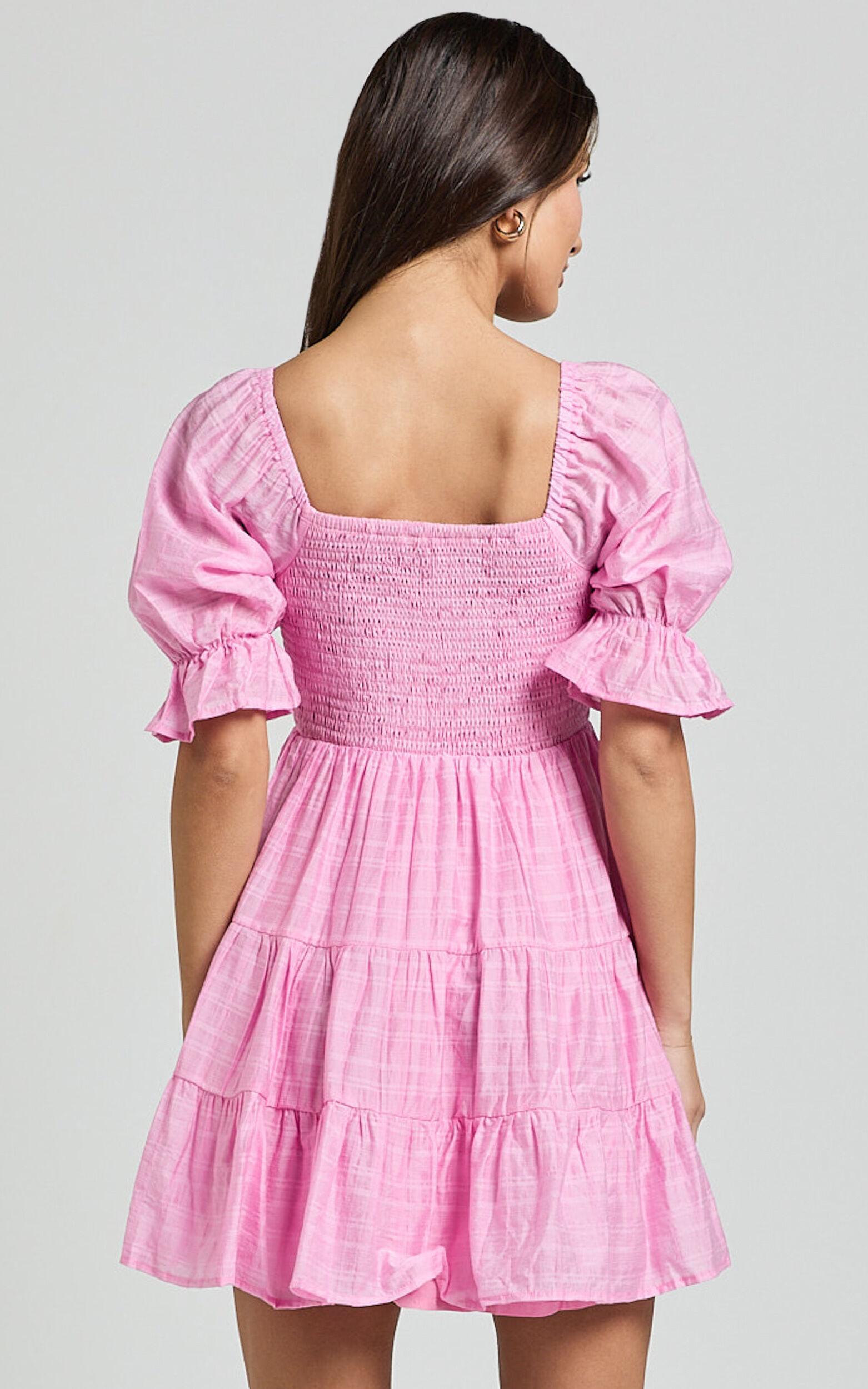 Britany Mini Dress - Shirred Puff Sleeve Tiered Dress in Pink Product Image