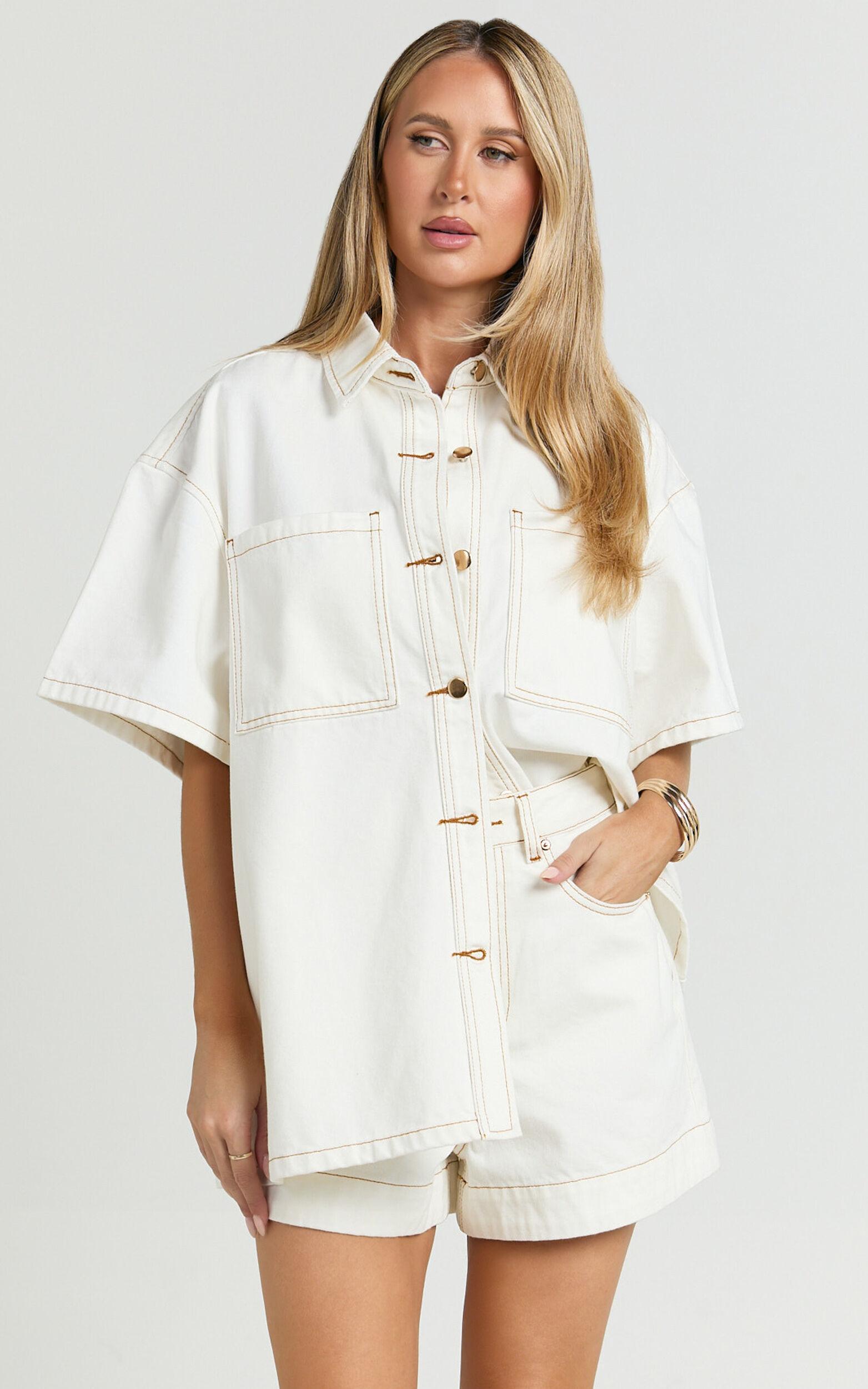 Rhianna Top - Oversized Recycled Denim Hardware Detail Short Sleeve Shirt in Ecru with Contrast Tobacco Stitch Product Image
