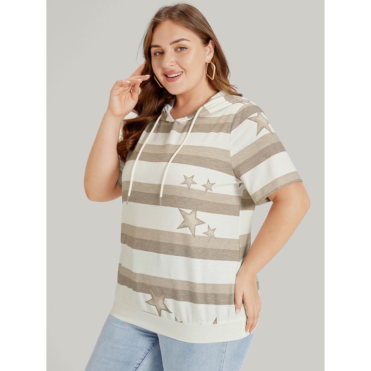 Plus Size Striped & Star Print Hooded Ties Sweatshirt Women Multicolor Casual Printed Hooded Dailywear Sweatshirts BloomChic 18-20/2X Product Image