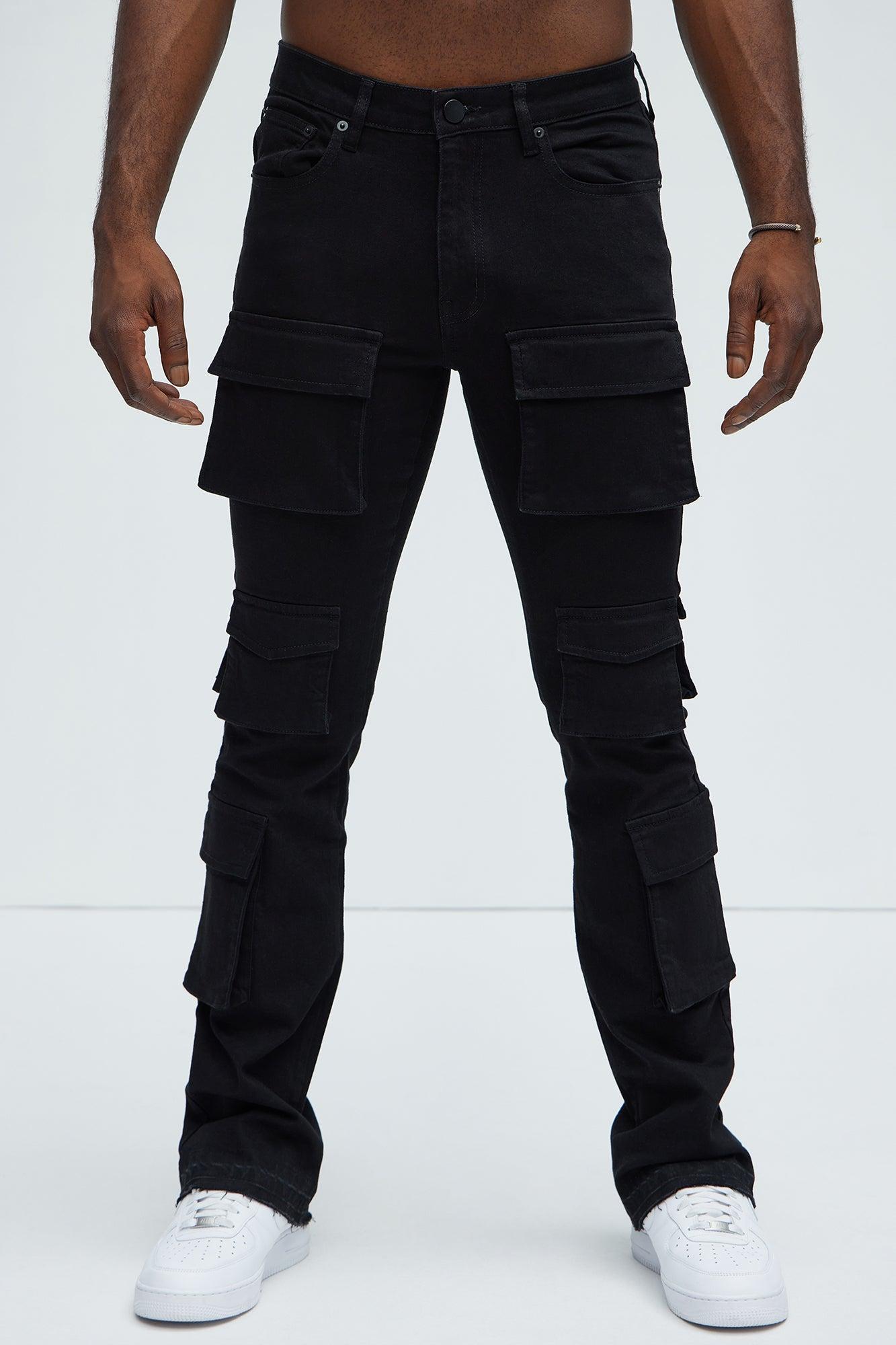 Three Cargo Stacked Skinny Flare Jeans - Black Product Image