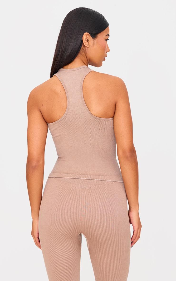 Chocolate Mocha Acid Wash Seamless Rib Halter Neck Gym Top Product Image